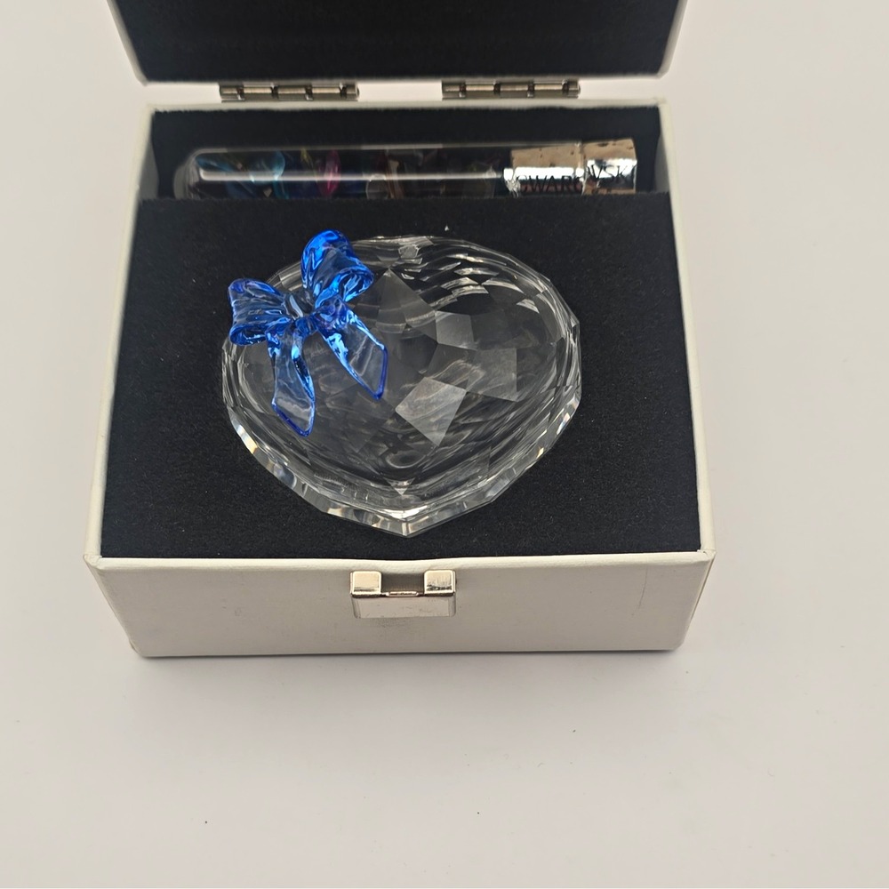 Swarovski Silver Crystal Heart Trinket Box with Blue Bow in Original Box